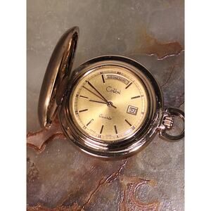 Colibri Quartz Pocket Watch Day Date Gold Tone Hunter Case Working- New Battery